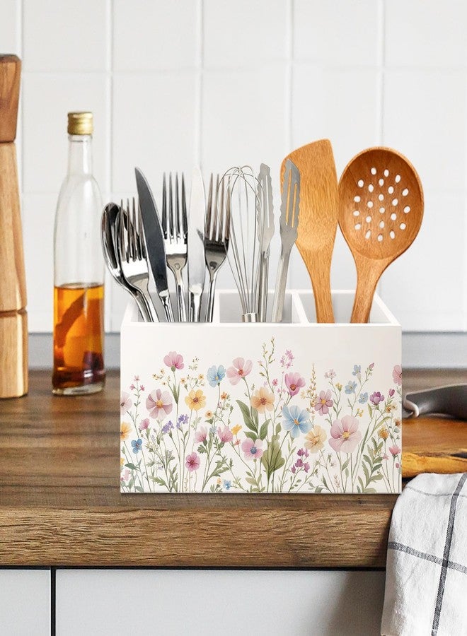 KBRCT Rustic Wildflower Wooden Utensils Holder, Watercolor Nature Wild Flower Botanical Wood Cooking Utensil Holder Organizer for Kitchen Countertop Counter Decor - Image 4